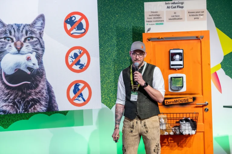 ZeroMOUSE founder presenting the AI cat flap that blocks prey